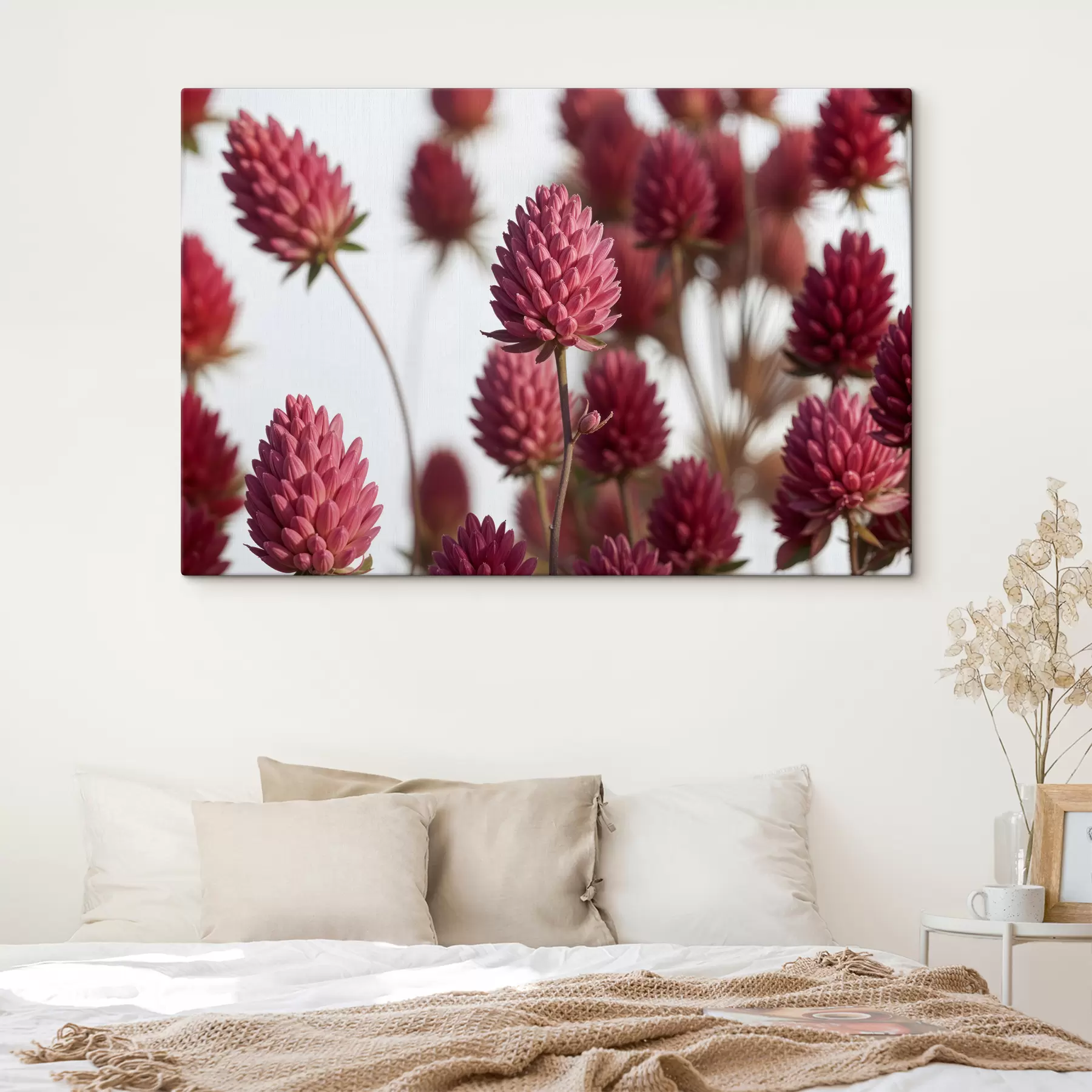 Fotobehang Close-up van levendige rode dahliabloemen tegen een wazige achtergrond s40157