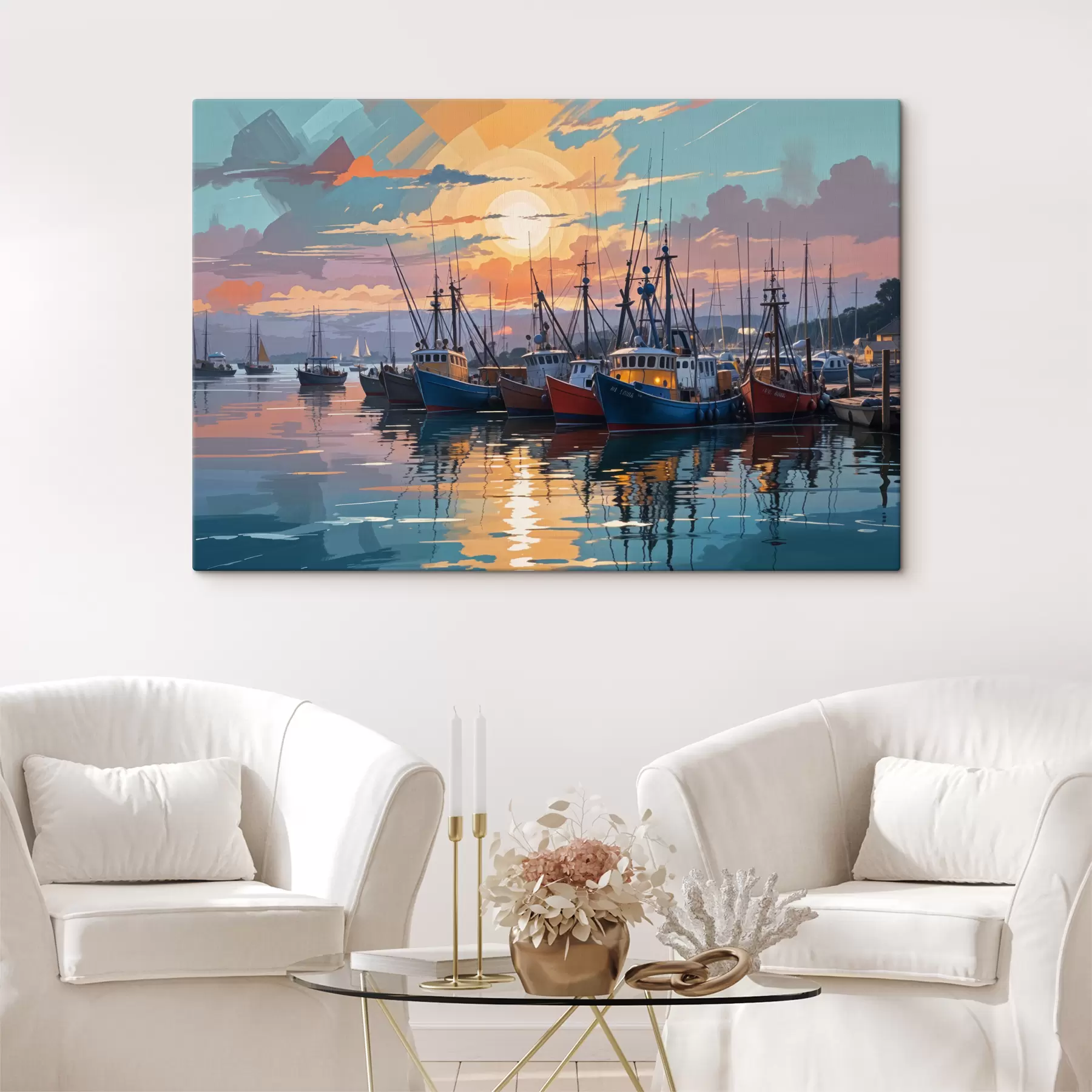 Fotobehang Een kleurrijke zonsondergang boven een haven vol vissersboten en schepen, wat een sereen en pittoresk tafereel creëert s40158