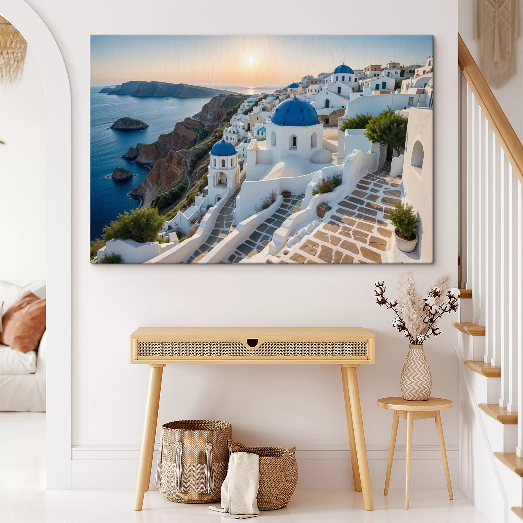  Schilderijen Het eiland Santorini, Griekenland. De stad is gebouwd op een heuvel met uitzicht op de Egeïsche Zee s40160