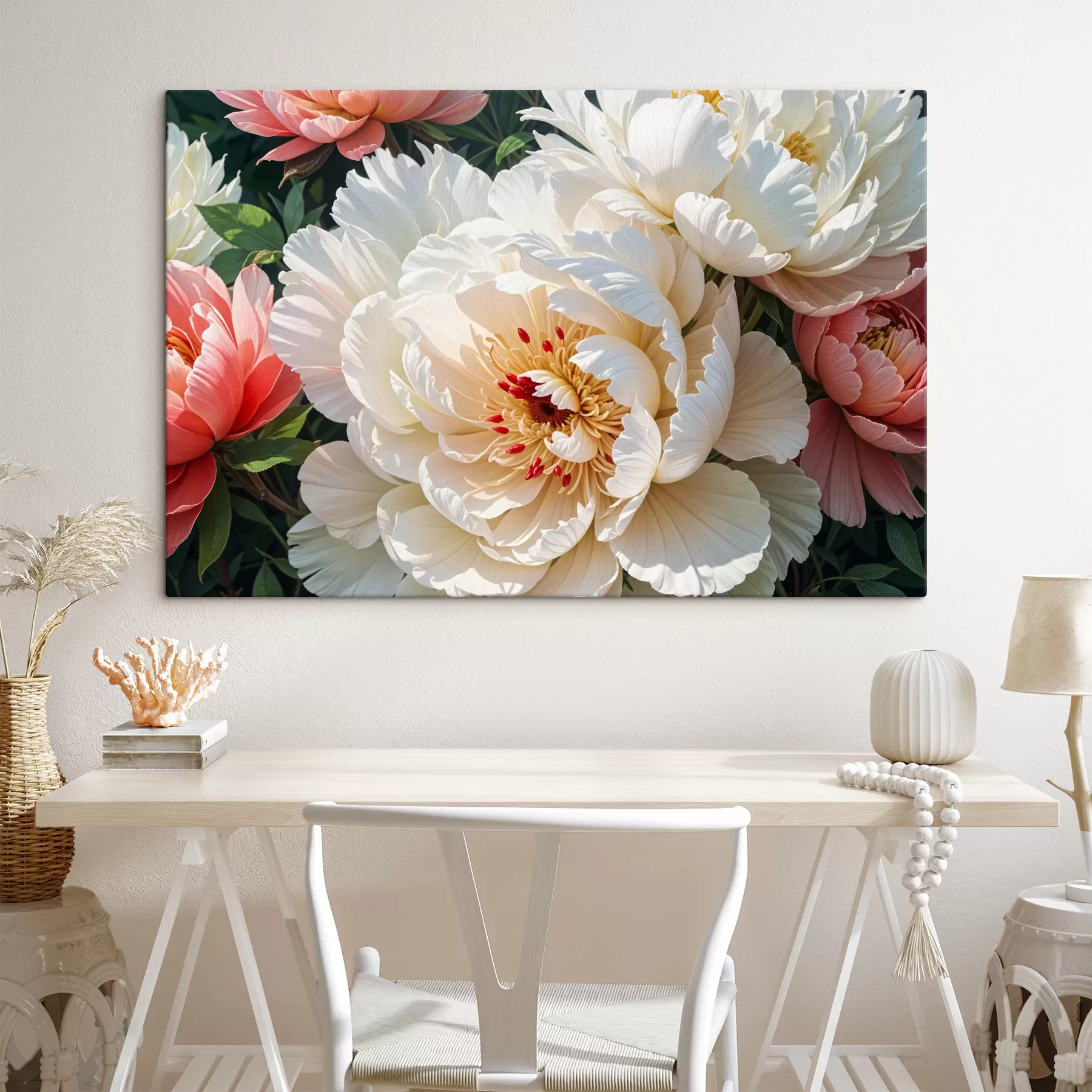  Schilderijen Een close-up van verschillende grote, witte pioenrozenbloemen met delicate bloemblaadjes en levendige gele centra  s40164