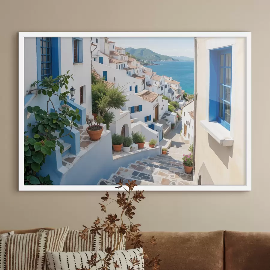 Fotobehang Een pittoresk kustplaatsje met witte gebouwen, blauwe ramen en potplanten langs de smalle straatjes f40148