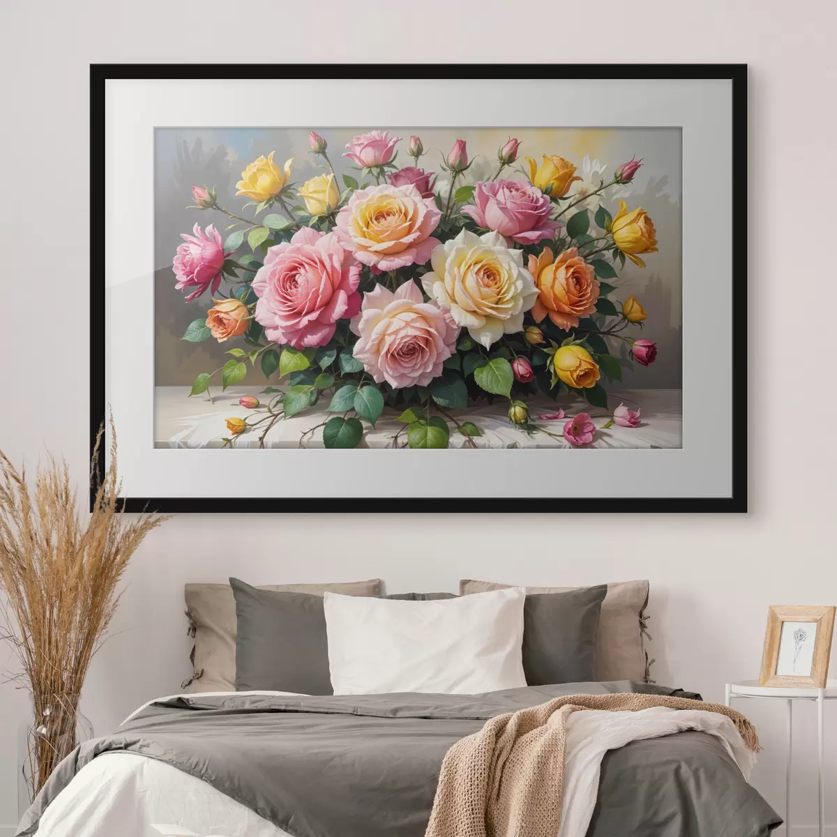 Poster Een boeket kleurrijke rozen in verschillende tinten roze, geel en oranje, gerangschikt met groene bladeren f40149