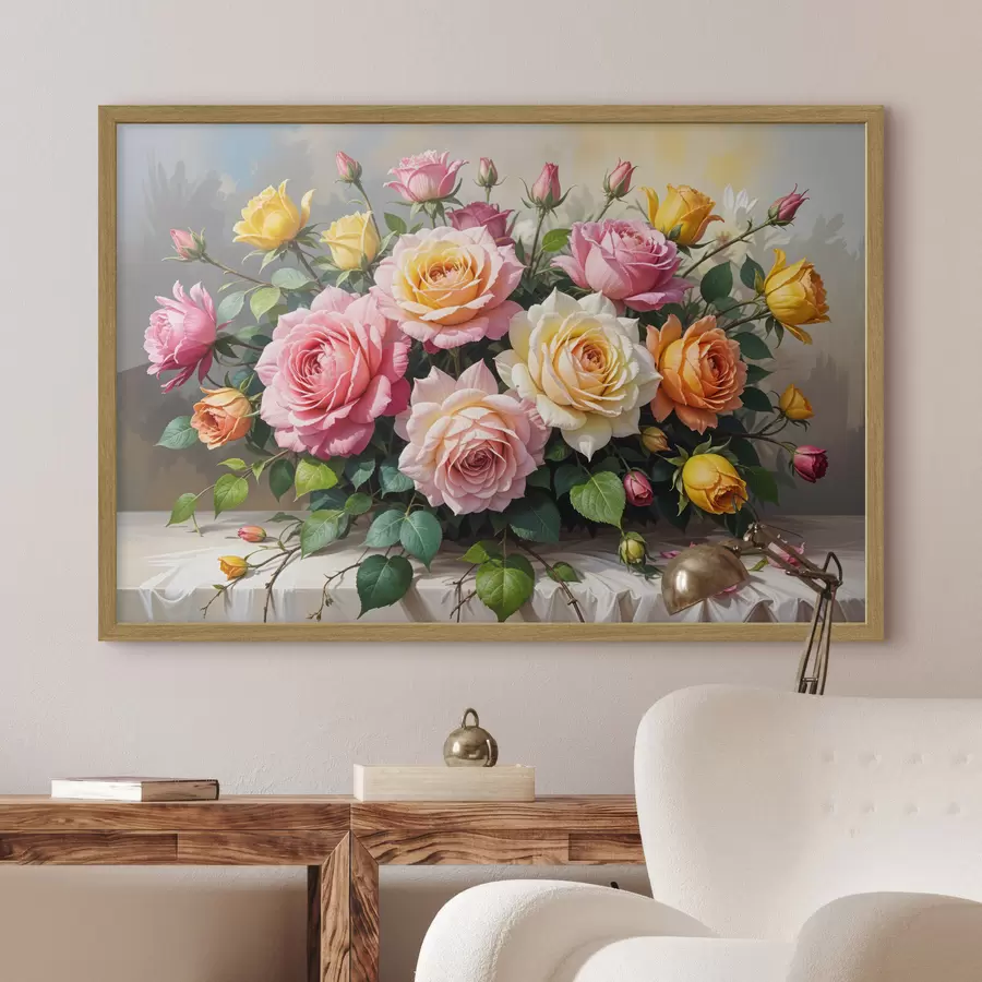 Fotobehang Een boeket kleurrijke rozen in verschillende tinten roze, geel en oranje, gerangschikt met groene bladeren f40149