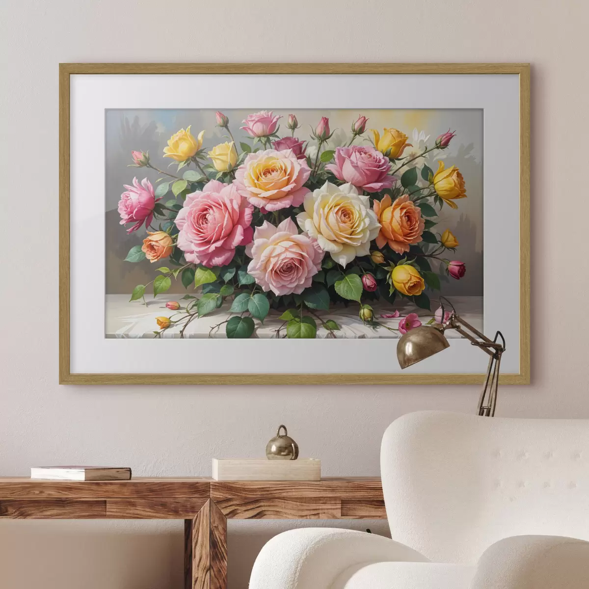Poster Een boeket kleurrijke rozen in verschillende tinten roze, geel en oranje, gerangschikt met groene bladeren f40149