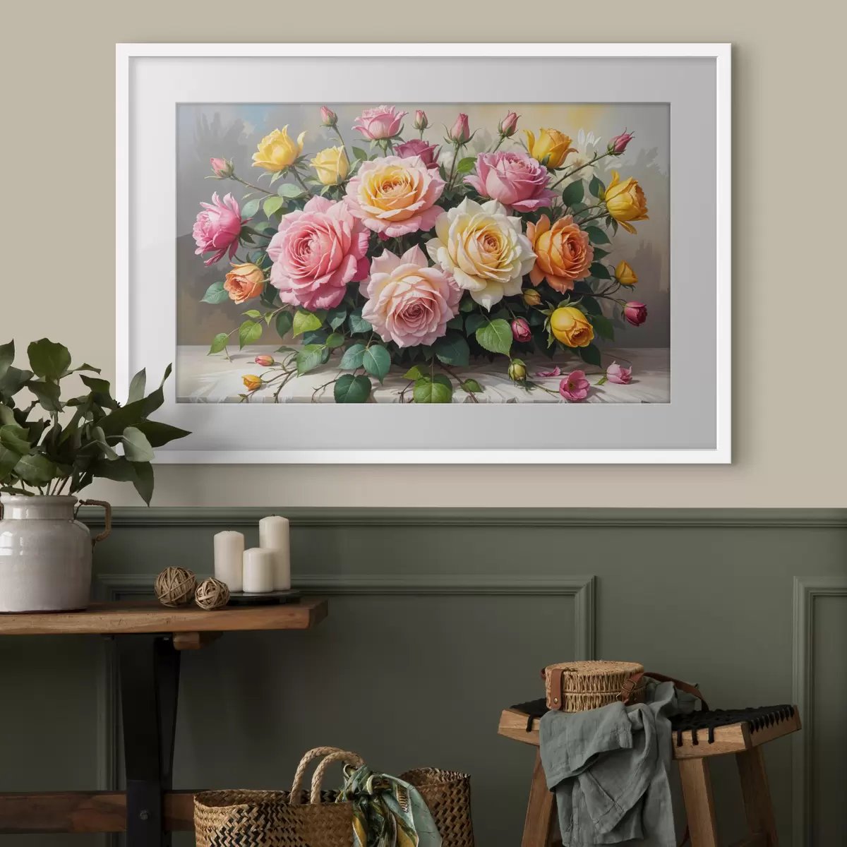 Poster Een boeket kleurrijke rozen in verschillende tinten roze, geel en oranje, gerangschikt met groene bladeren f40149