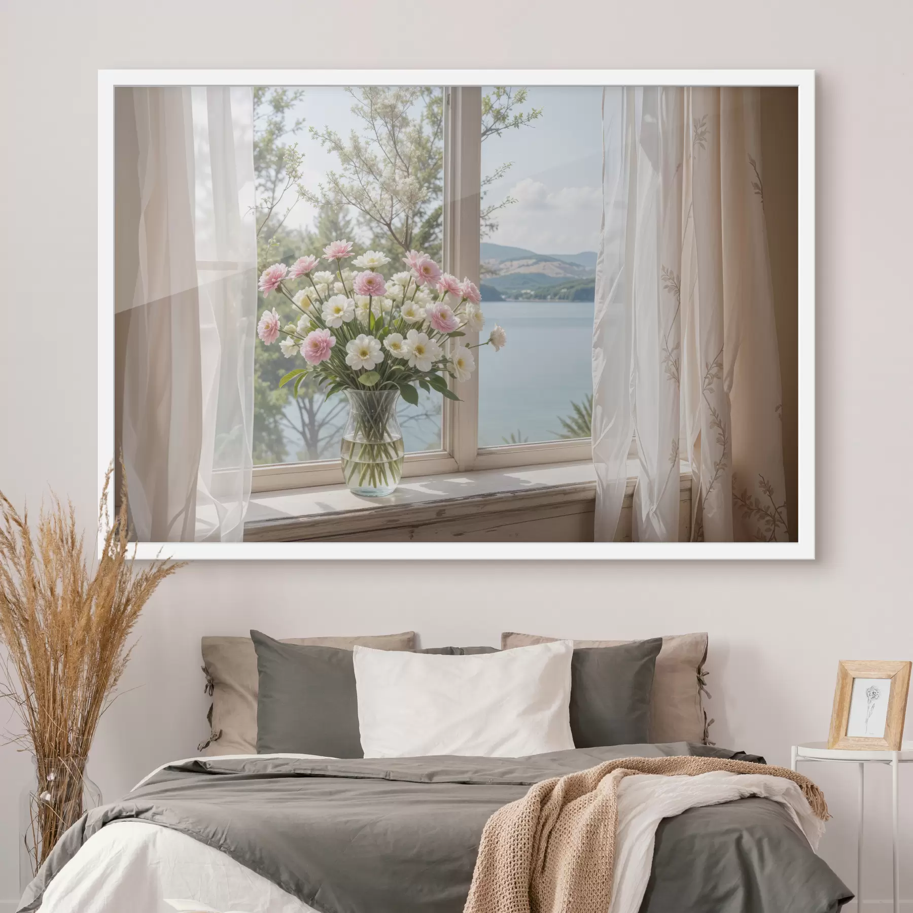 Fotobehang Een boeket van roze en witte bloemen in een glazen vaas op een vensterbank, met een schilderachtig meer en bergen f40151