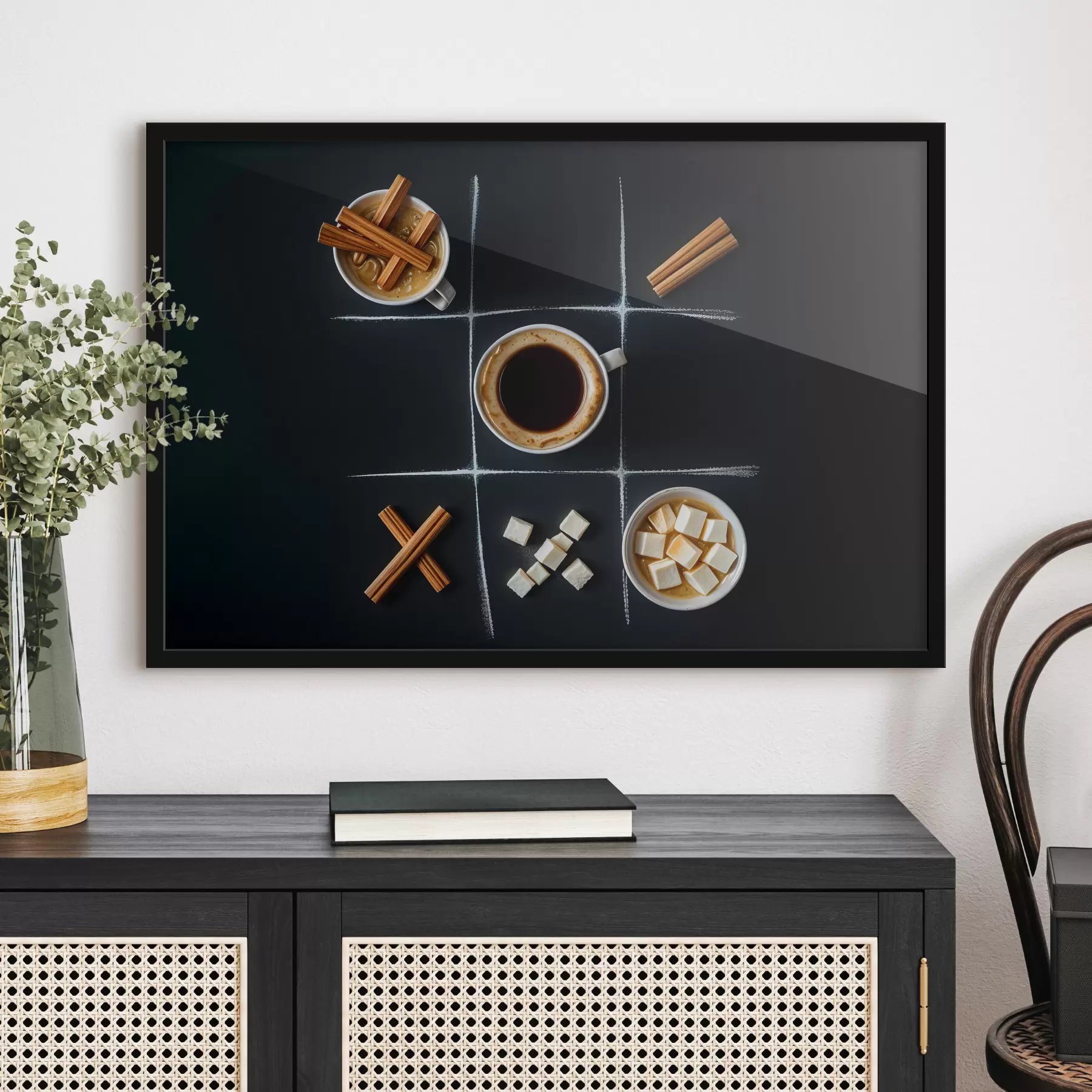 Fotobehang Een kopje koffie met kaneelstokjes, suikerklontjes en marshmallows gerangschikt in een boter-kaas-en-eieren-raster f40163