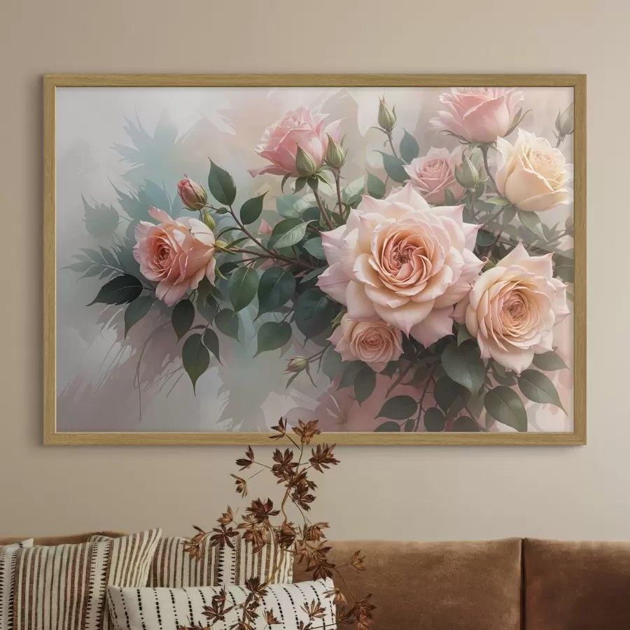Fotobehang Een boeket van prachtige roze rozen met groene bladeren tegen een zachte, wazige achtergrond f40168