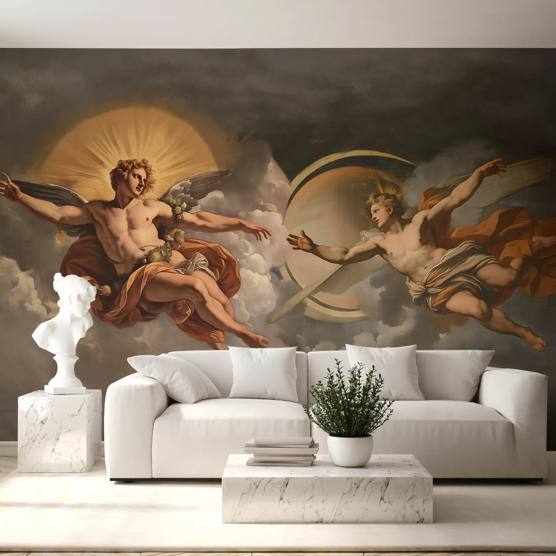 Fotobehang muurschildering in de stijl van renaissancefresco's in beige en donkere tinten. Twee mannelijke godenfiguren die naar elkaar uitreiken. w08137