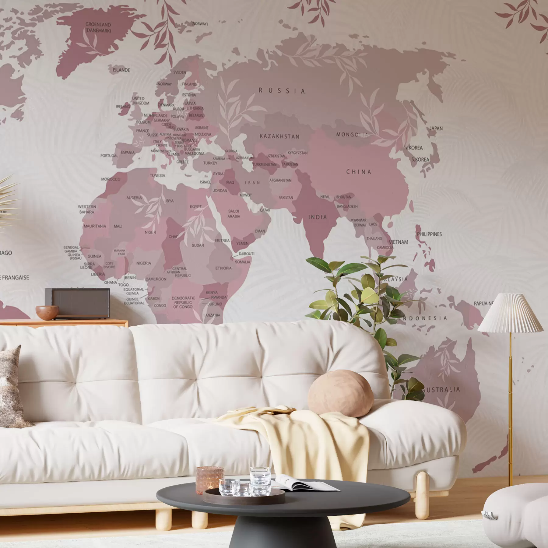 Fotobehang Stijlvolle wereldkaart met bladeren en planten in roze kleur w08211v3