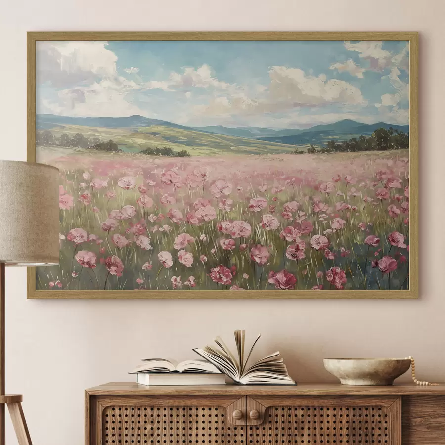 Fotobehang Weide met roze bloemen, bergen, natuurlandschap, blauwe lucht met wolken, acryl f40232