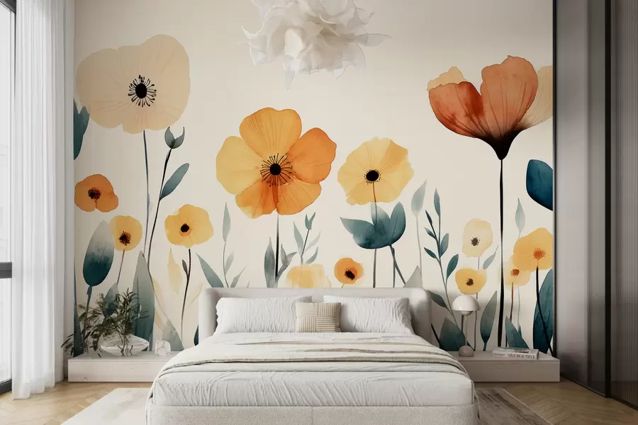 Fotobehang Aquarel weidebloemen, rustiek, bloemencompositie, eenvoudige tekening, beige, oranje, blauw  w01453