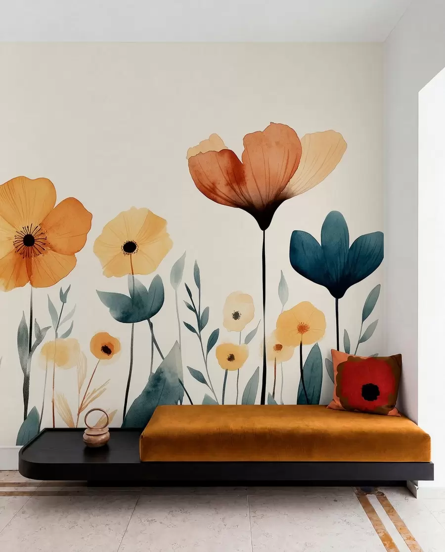 Fotobehang Aquarel weidebloemen, rustiek, bloemencompositie, eenvoudige tekening, beige, oranje, blauw  w01453