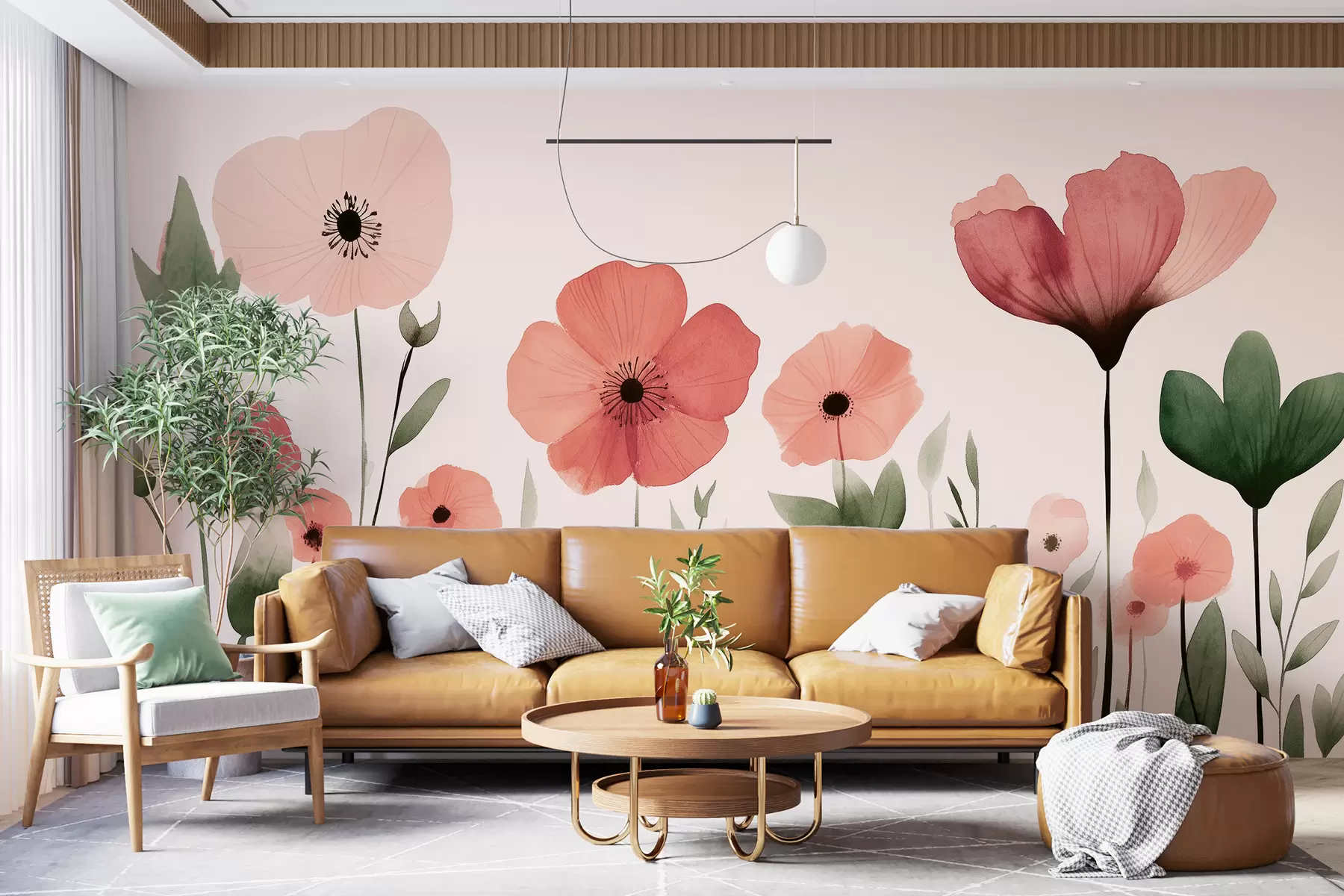 Fotobehang Aquarel weidebloemen, rustiek, bloemencompositie, eenvoudige tekening, beige, roze, groen w01453v1