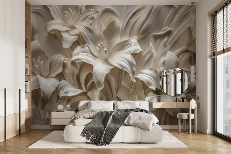 Fotobehang Elegante beige 3D-reliëf van gesneden lelies w01433