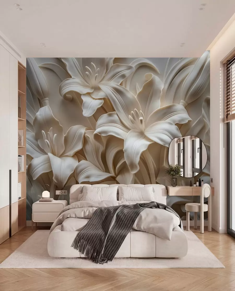 Fotobehang Elegante beige 3D-reliëf van gesneden lelies w01433