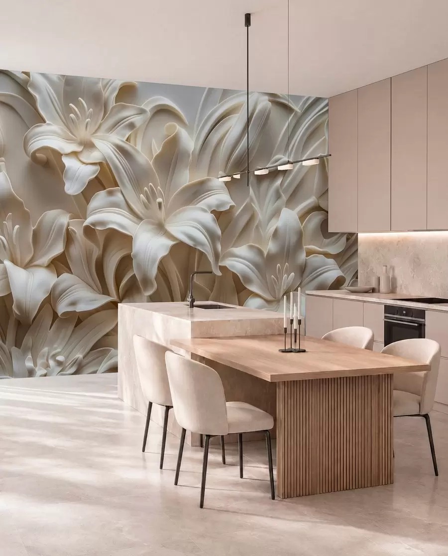 Fotobehang Elegante beige 3D-reliëf van gesneden lelies w01433