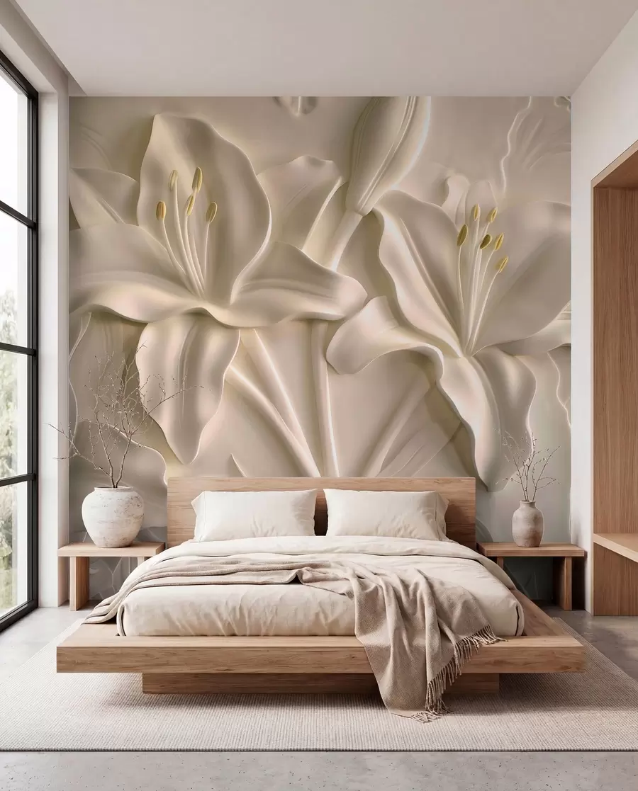 Fotobehang Bas-reliëf van grote beige lelies w01434