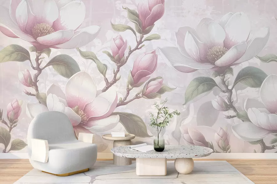 Fotobehang Tedere roze magnoliabloemen in volle bloei tegen een zachte, wazige achtergrond w08216