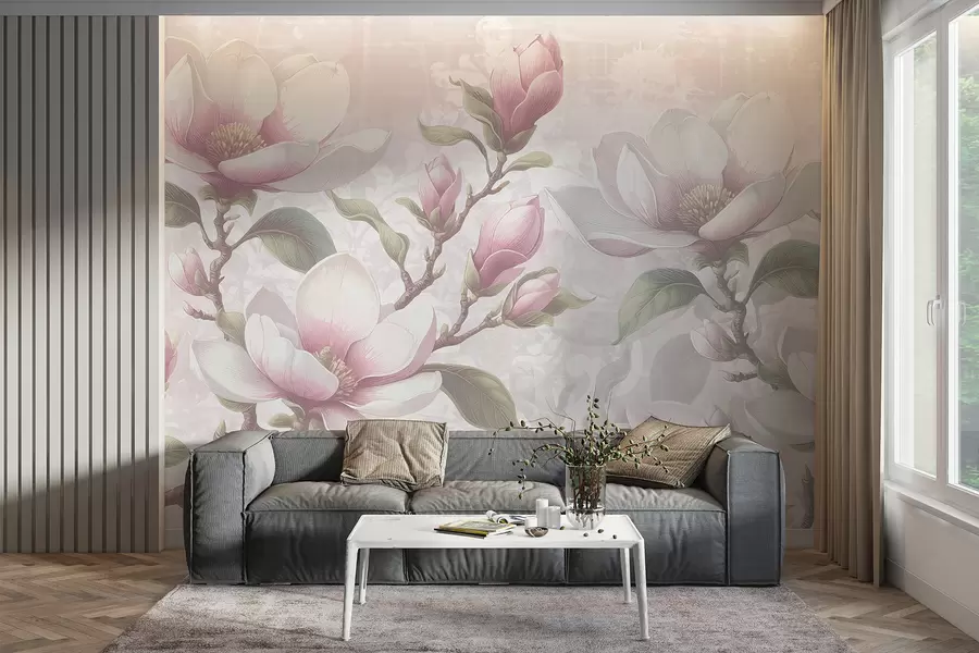 Fotobehang Tedere roze magnoliabloemen in volle bloei tegen een zachte, wazige achtergrond w08216