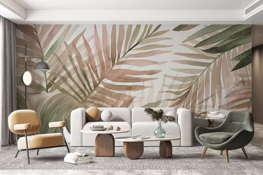 Fotobehang Aquarelbladeren van palmbomen in verschillende tinten groen en roze tegen een lichte achtergrond w08218