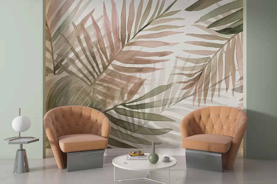 Fotobehang Aquarelbladeren van palmbomen in verschillende tinten groen en roze tegen een lichte achtergrond w08218