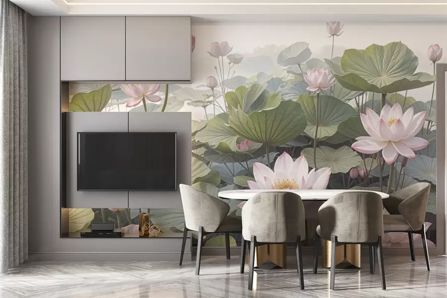 Fotobehang Roze en witte lotusbloemen met grote groene bladeren, omgeven door een mistige, sfeervolle achtergrond w08221