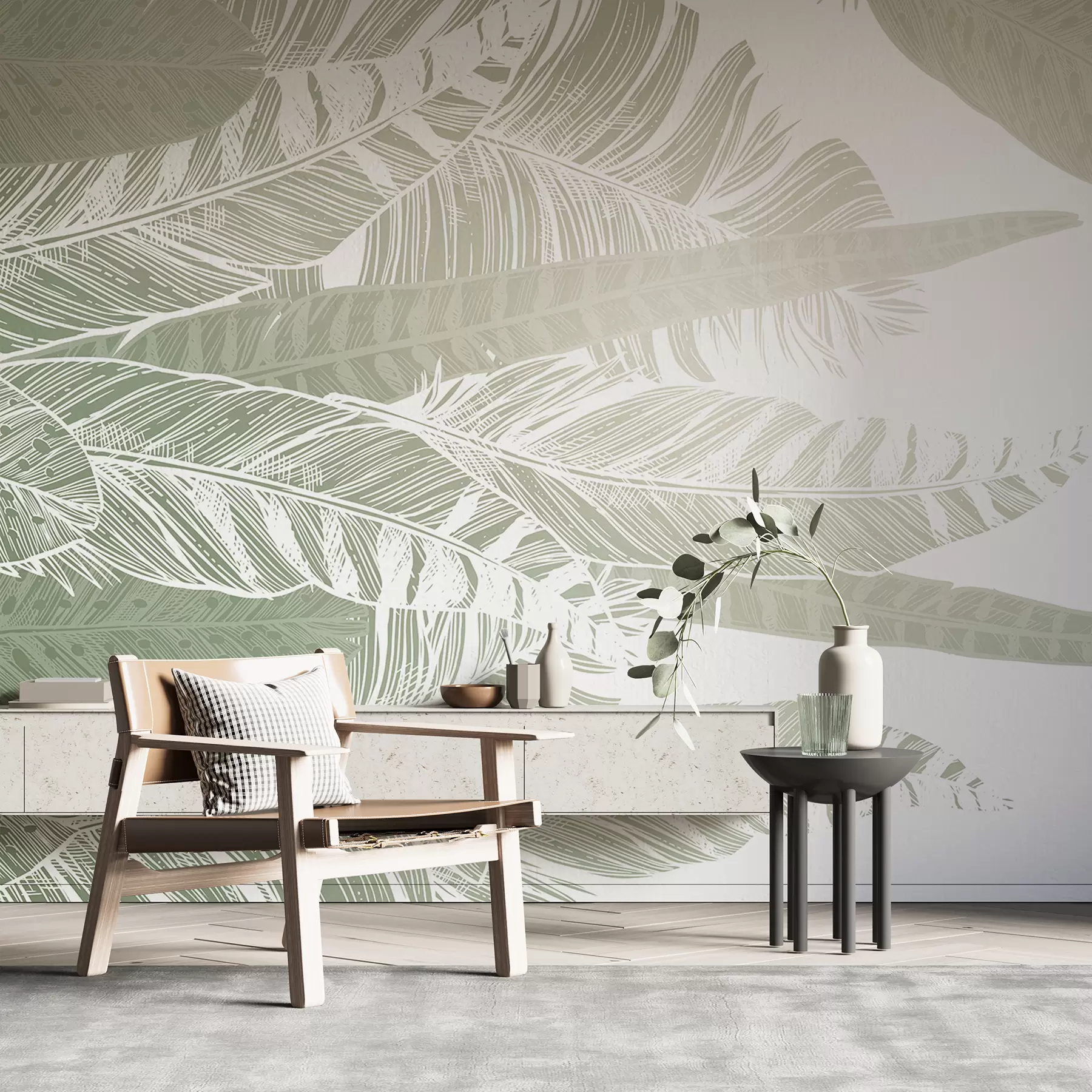 Fotobehang Delicate palmbladeren tekenen in zachte pastelgroene kleurverlopen, met een neutrale, minimalistische achtergrond w08226v1