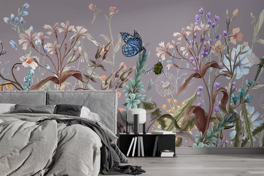 Fotobehang Een kleurrijke violette illustratie van een weelderige bloementuin met insecten in een dromerige, fantastische stijl w08234v1