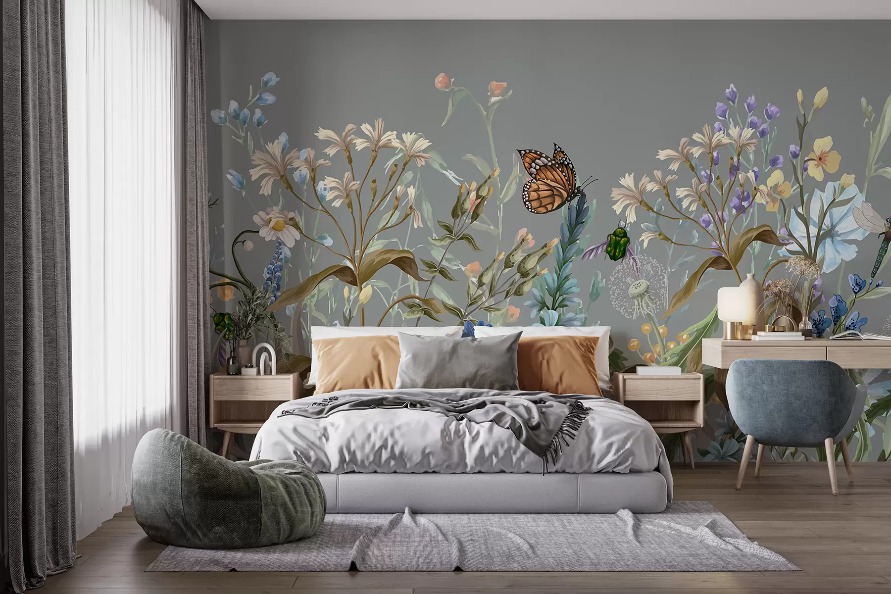 Fotobehang Een kleurrijke blauwe illustratie van een weelderige, bloementuin met insecten in een dromerige, fantastische stijl w08234