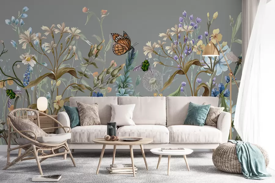 Fotobehang Een kleurrijke blauwe illustratie van een weelderige, bloementuin met insecten in een dromerige, fantastische stijl w08234
