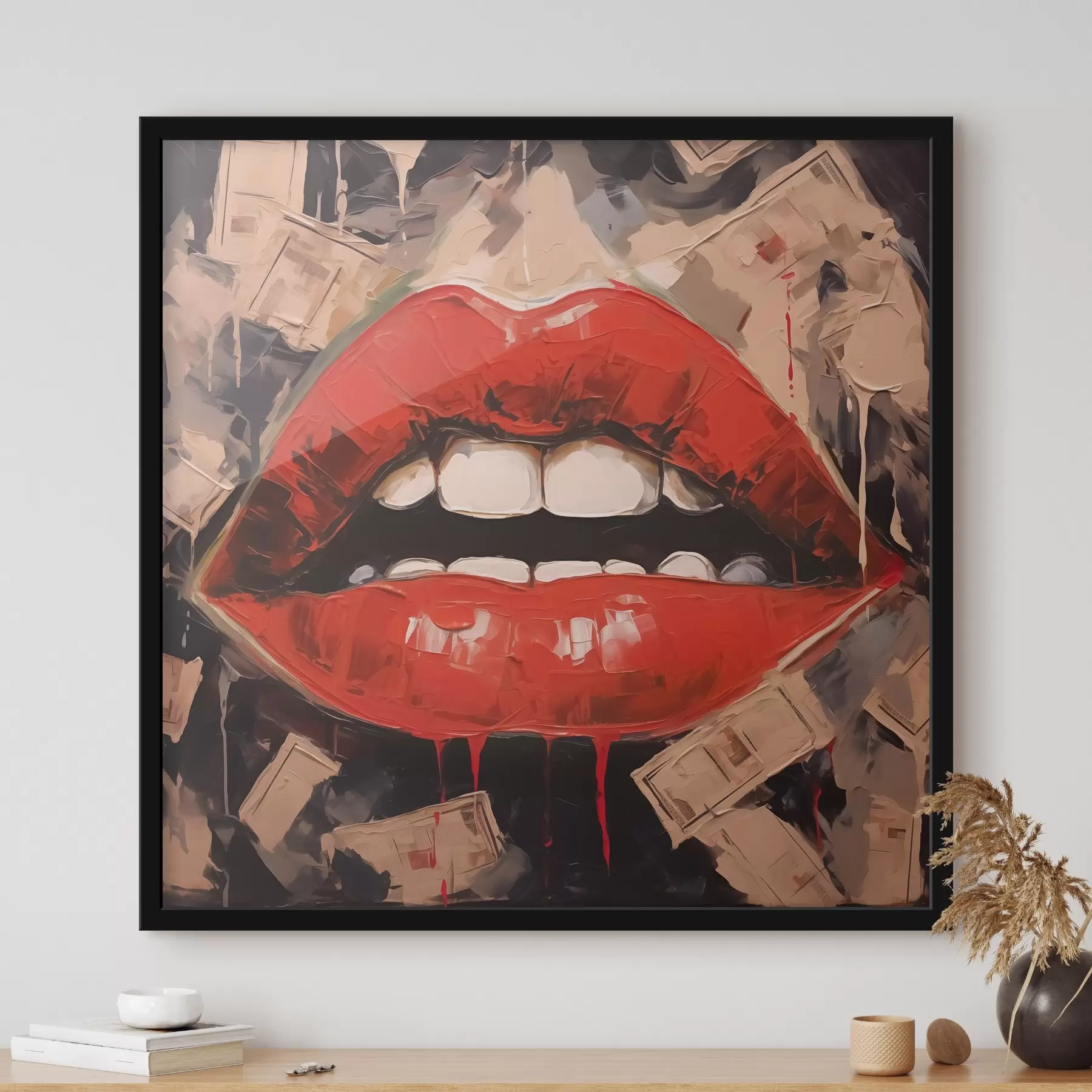  Schilderijen Abstract schilderij rode lippen witte tanden f40319