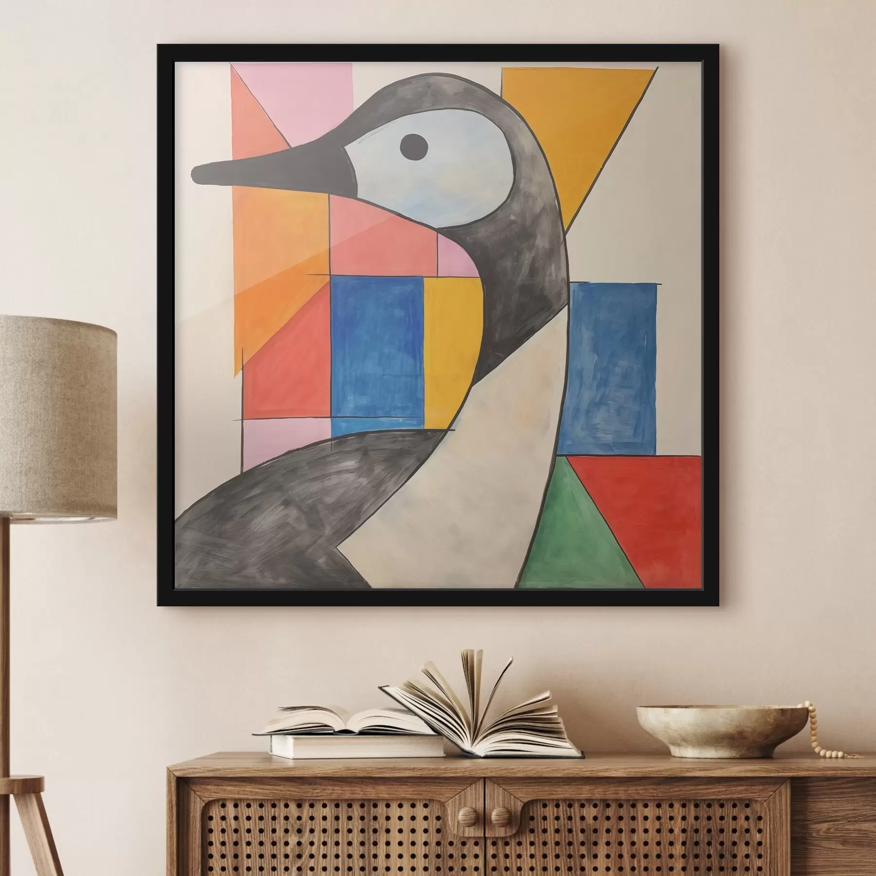 Fotobehang Een kubistische tekening van een gans tegen de achtergrond van een glas-in-loodraam f40320