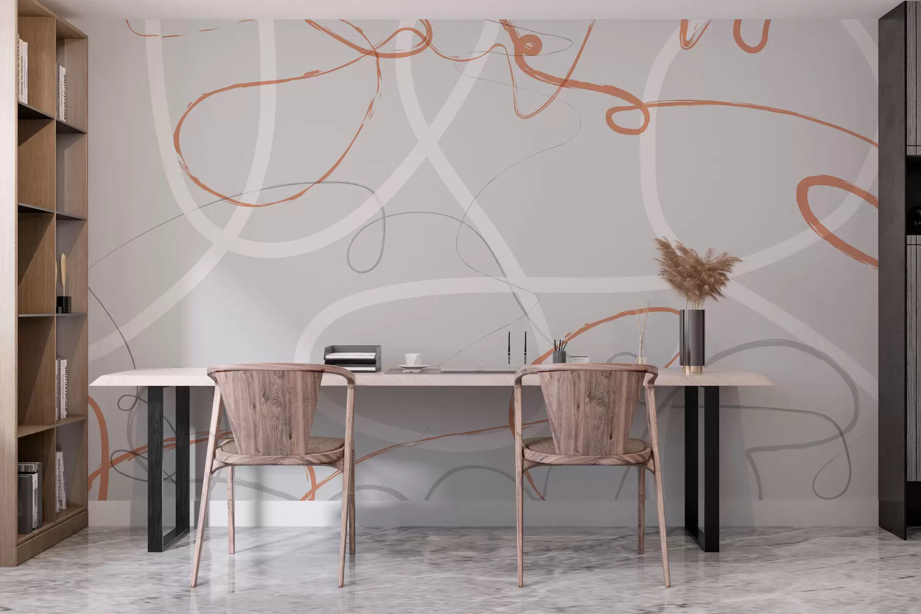 Fotobehang Abstracte oranje lijnen op een grijze achtergrond w01455