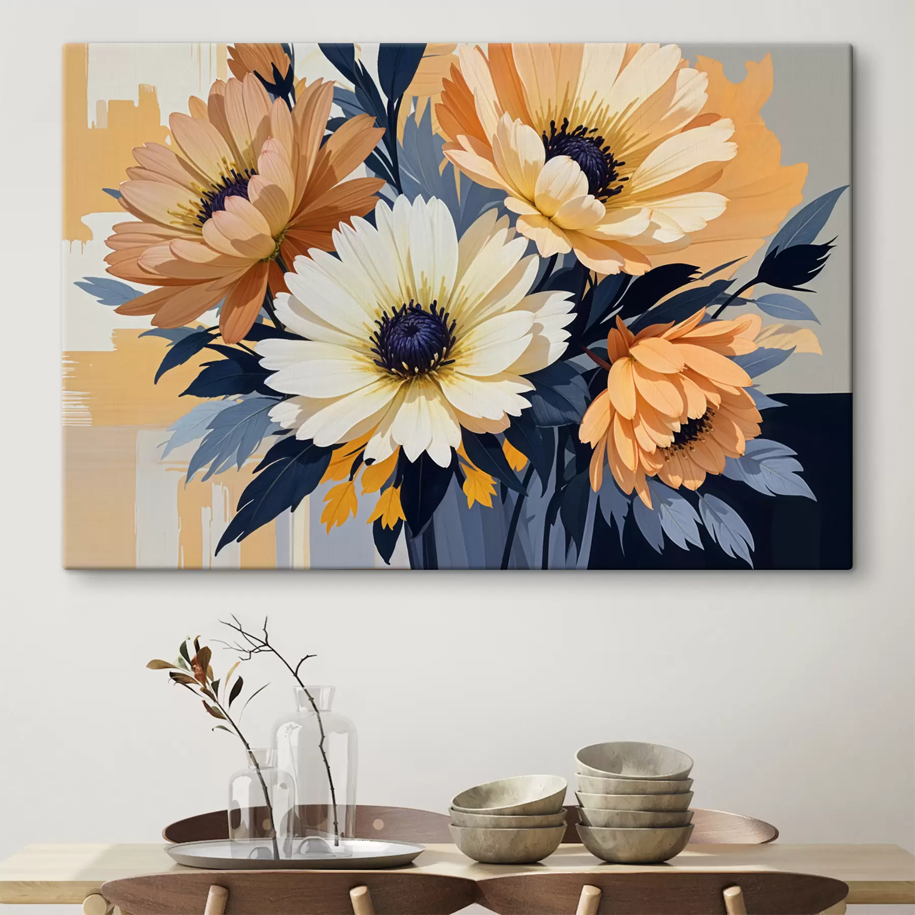  Schilderijen Een boeket van grote, levendige oranje en gele bloemen met donkere centra tegen een marineblauwe achtergrond s40400