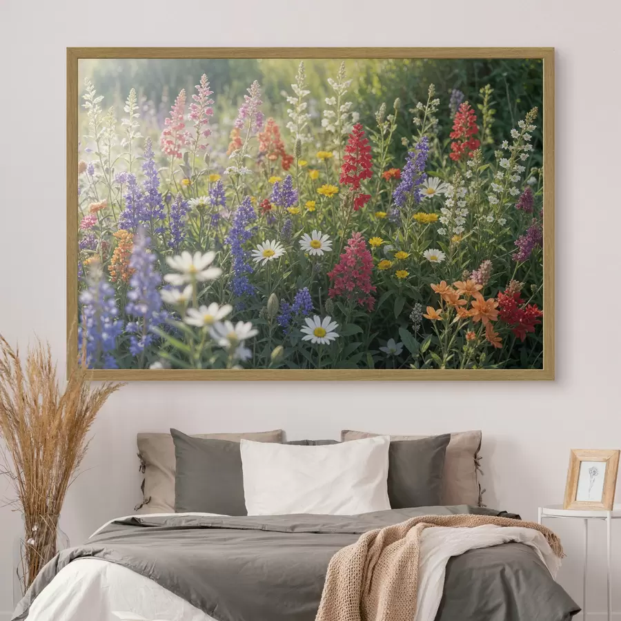Fotobehang Een kleurrijke wilde bloemenweide met verschillende bloeiende bloemen, waaronder madeliefjes, lavendel en rode bloemen f40390
