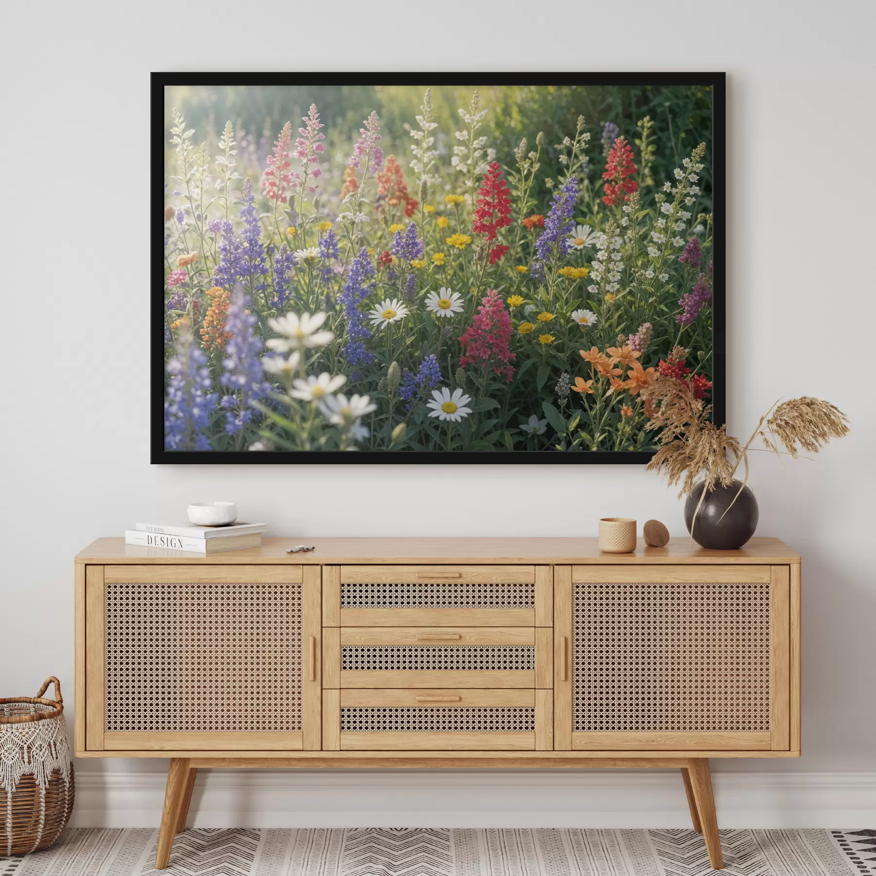 Fotobehang Een kleurrijke wilde bloemenweide met verschillende bloeiende bloemen, waaronder madeliefjes, lavendel en rode bloemen f40390