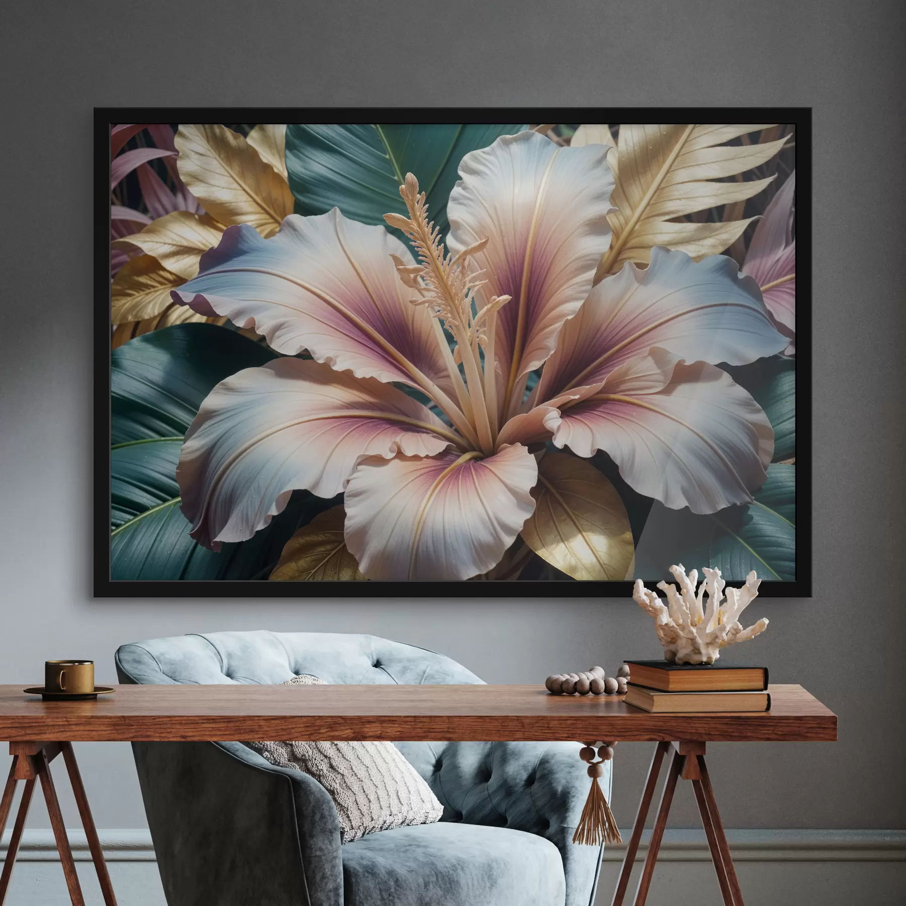 Fotobehang Een levendige, veelkleurige tropische hibiscusbloem met grote, ingewikkelde bloemblaadjes in tinten roze, wit en geel f40399