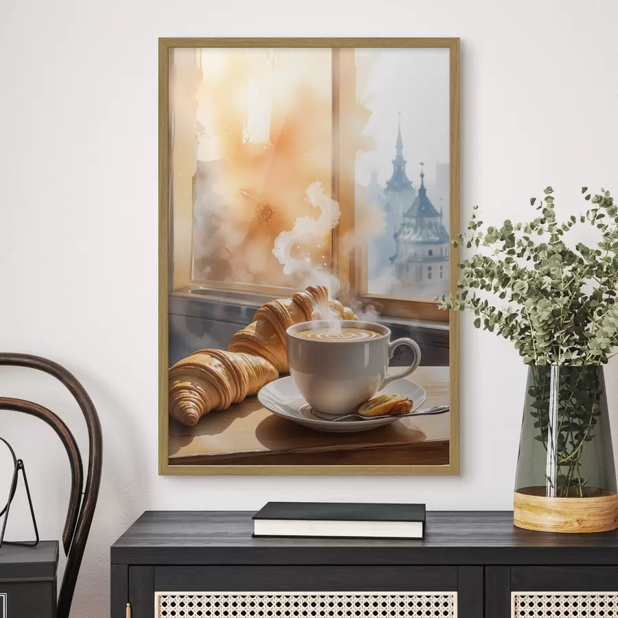 Fotobehang Een warme kop koffie met opstijgende stoom, op een tafeltje naast een croissant, met uitzicht op een historisch gebouw f40405