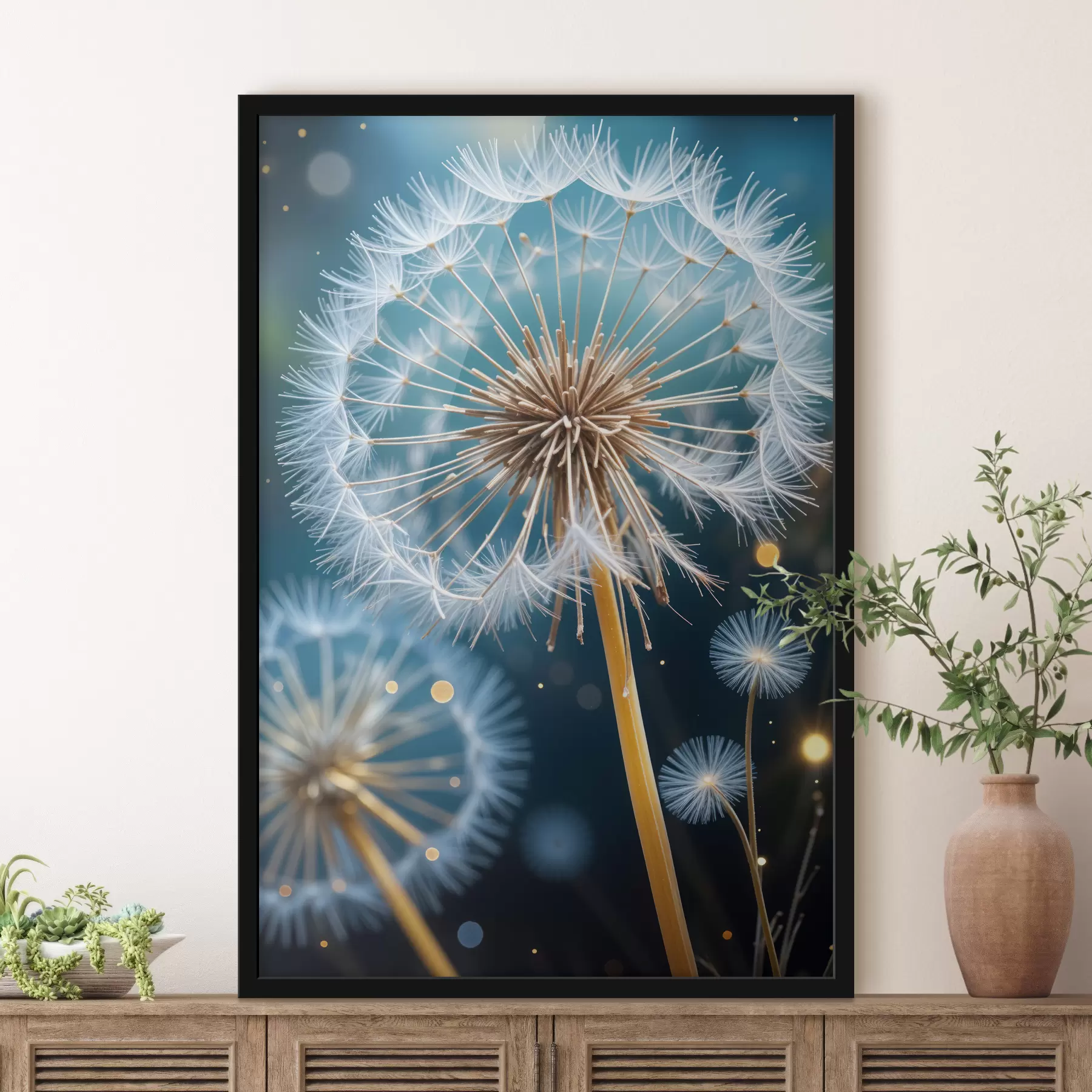  Schilderijen Een close-up van een paardenbloem met zijn pluizige witte zaden, tegen een wazige blauwgroene achtergrond f40408