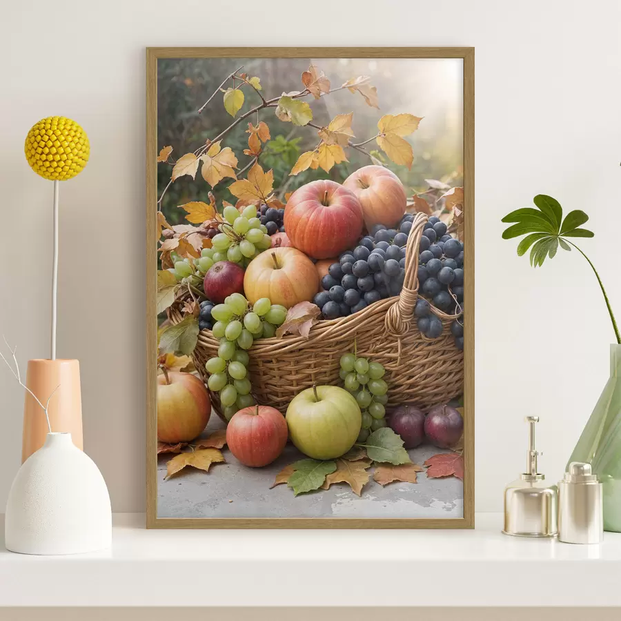 Fotobehang Een mand gevuld met verschillende herfstvruchten, waaronder appels, druiven en peren, omringd door gevallen bladeren f40409