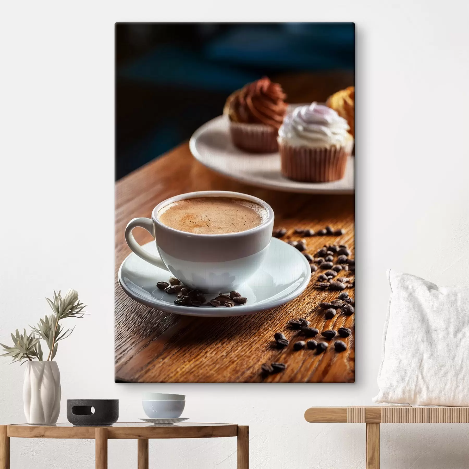 Fotobehang kopje koffie, koffiebonen, taarten, stilleven s40417