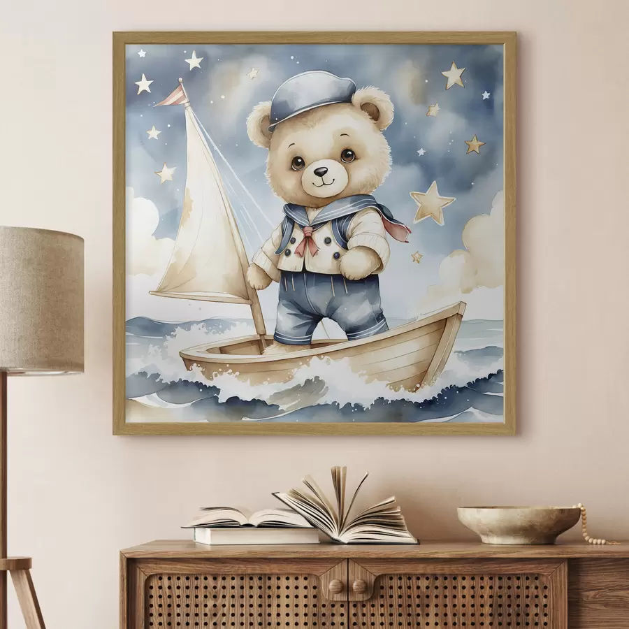 Fotobehang Een schattige aquarel teddybeer in een boot met sterren aan de hemel f40429