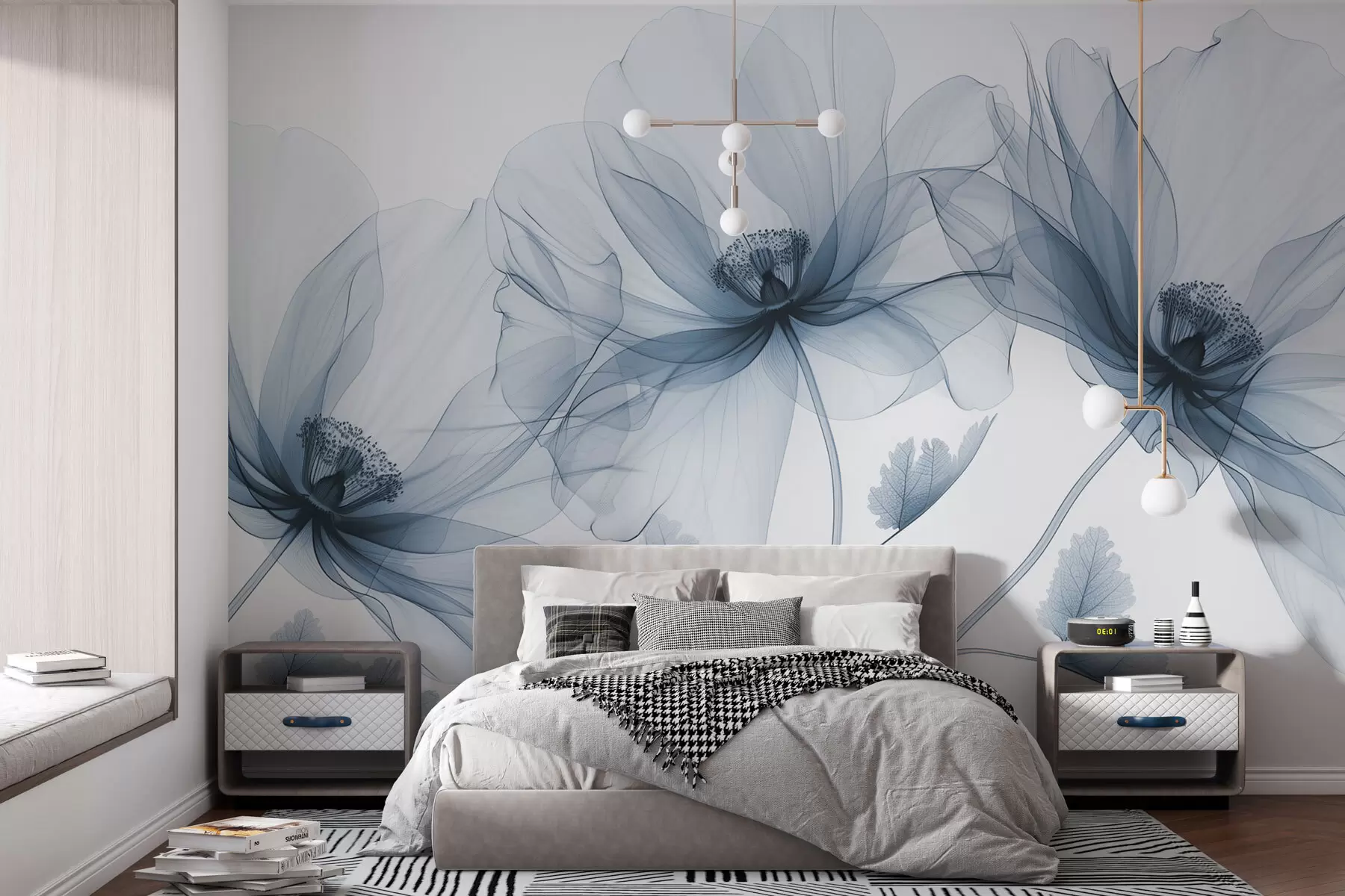 Fotobehang Blauwe transparante bloem in röntgenstijl op witte achtergrond Minimalistisch monochroom botanisch ontwerp w01482v1