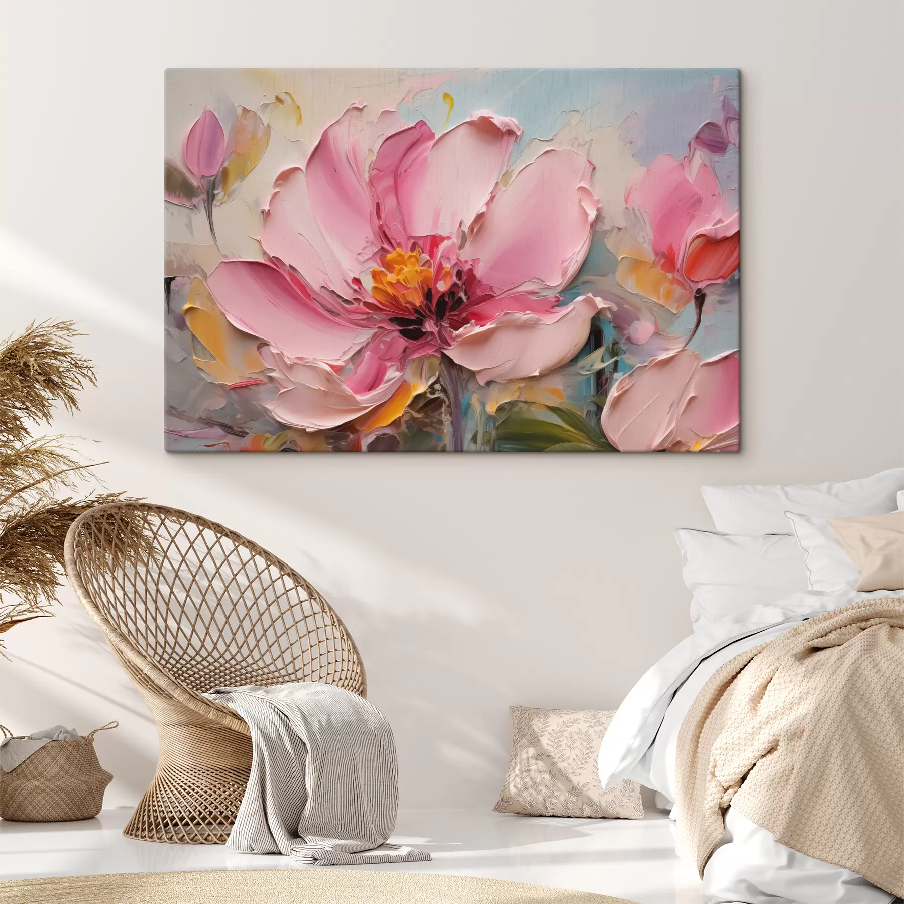  Schilderijen Grote roze bloem imitatie van verfstreken s40494