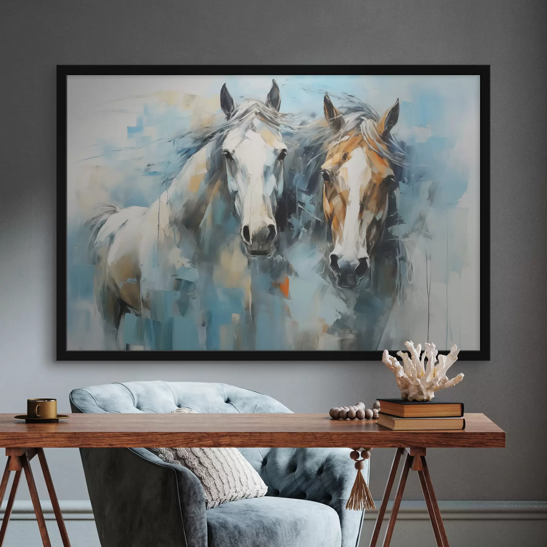  Schilderijen Paarden abstract schilderij, wit, blauw, bruine kleur f40493