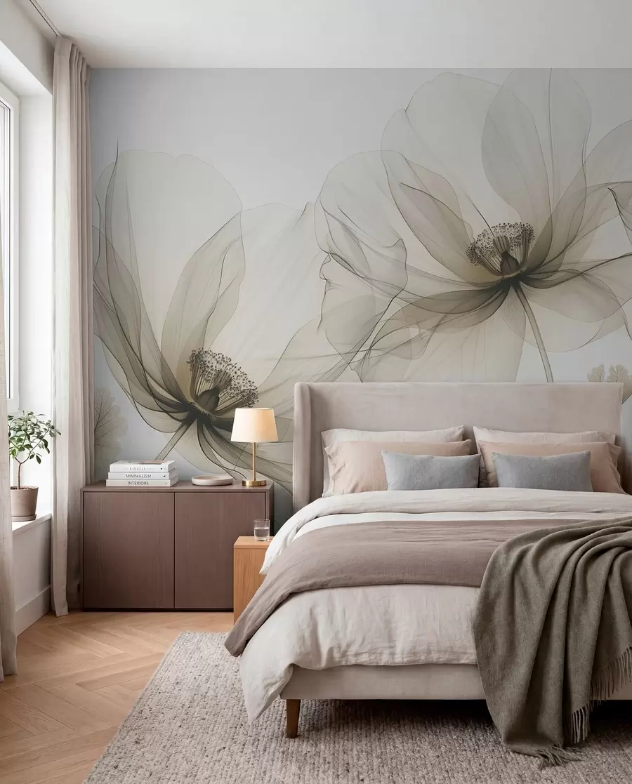 Fotobehang Bruine transparante bloem in röntgenstijl op witte achtergrond Minimalistisch monochroom botanisch ontwerp w01482v2