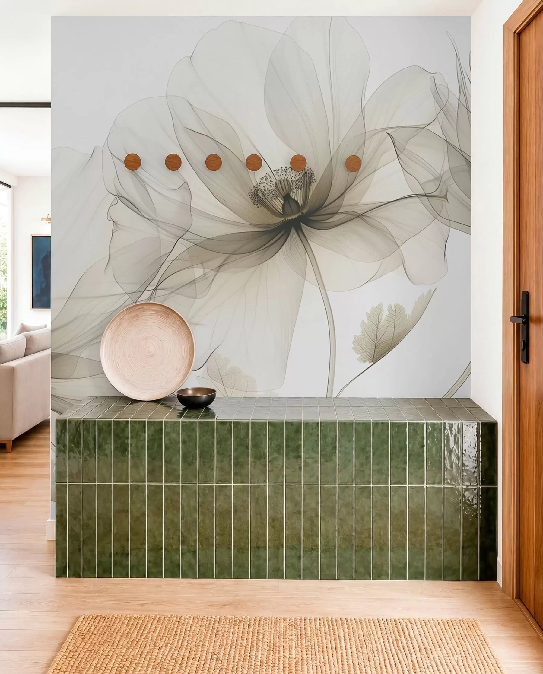 Fotobehang Bruine transparante bloem in röntgenstijl op witte achtergrond Minimalistisch monochroom botanisch ontwerp w01482v2