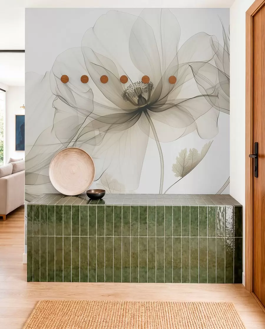 Fotobehang Bruine transparante bloem in röntgenstijl op witte achtergrond Minimalistisch monochroom botanisch ontwerp w01482v2