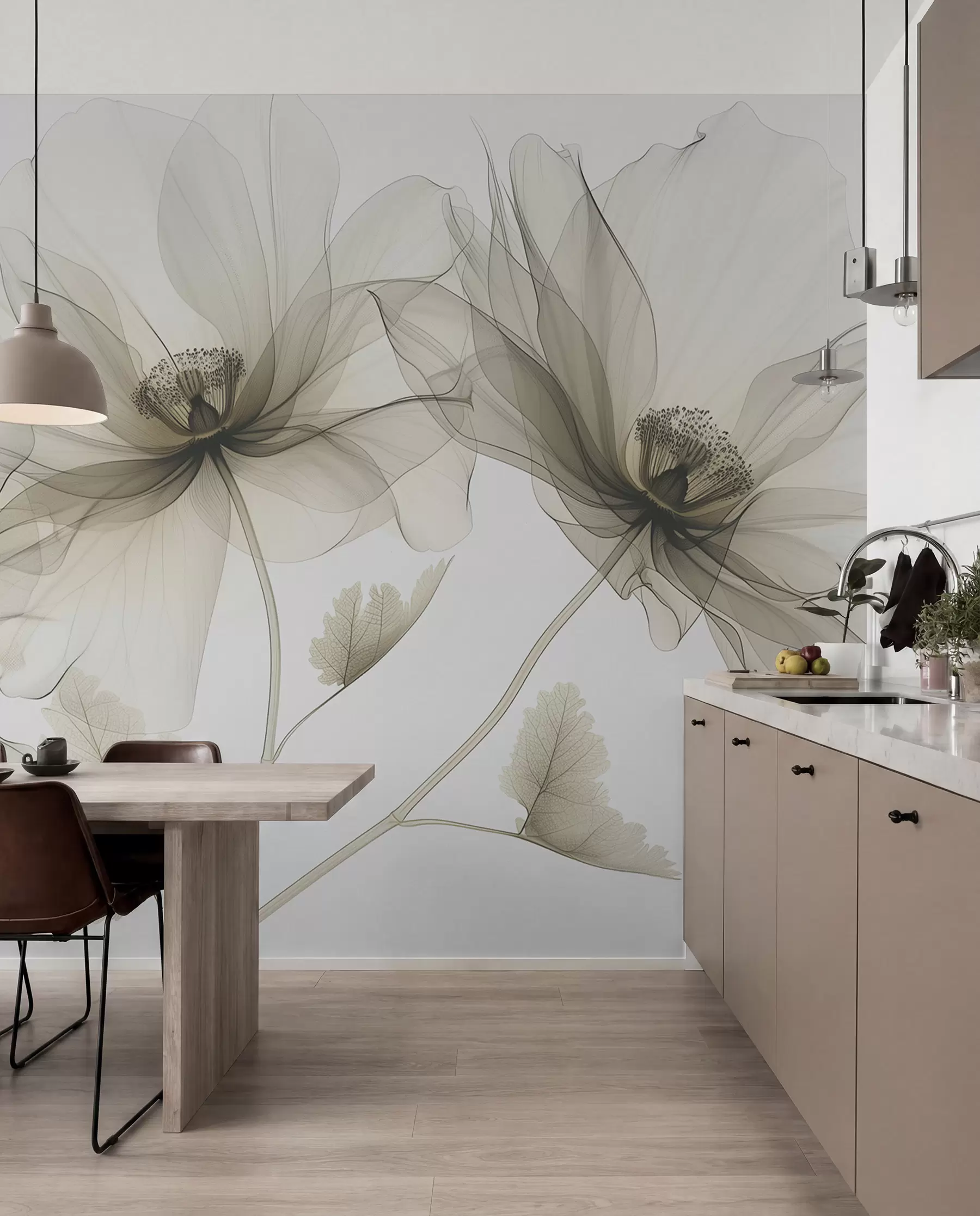Fotobehang Bruine transparante bloem in röntgenstijl op witte achtergrond Minimalistisch monochroom botanisch ontwerp w01482v2